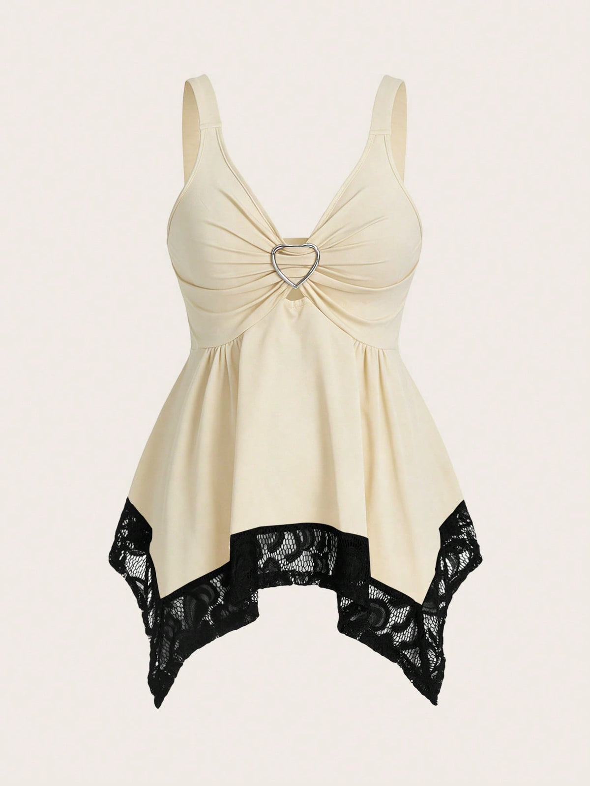Olithes women contrast lace decorated heart shaped and floral splicing Y2K tank top featuring wide straps and asymmetrical hem.