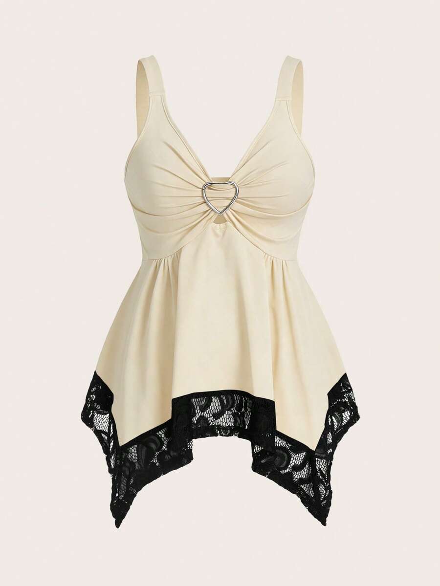 Olithes women contrast lace decorated heart shaped and floral splicing Y2K tank top featuring wide straps and asymmetrical hem.