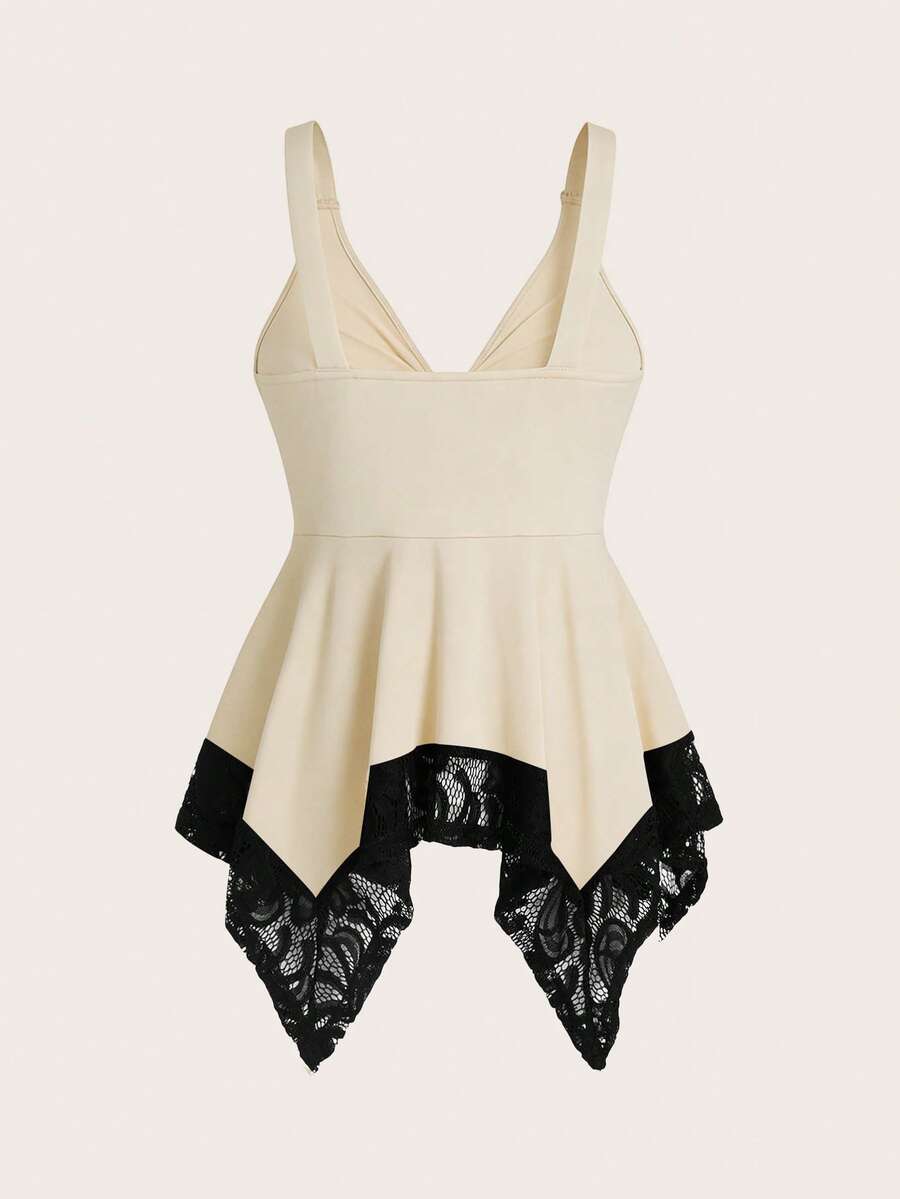 Olithes women contrast lace decorated heart shaped and floral splicing Y2K tank top featuring wide straps and asymmetrical hem.