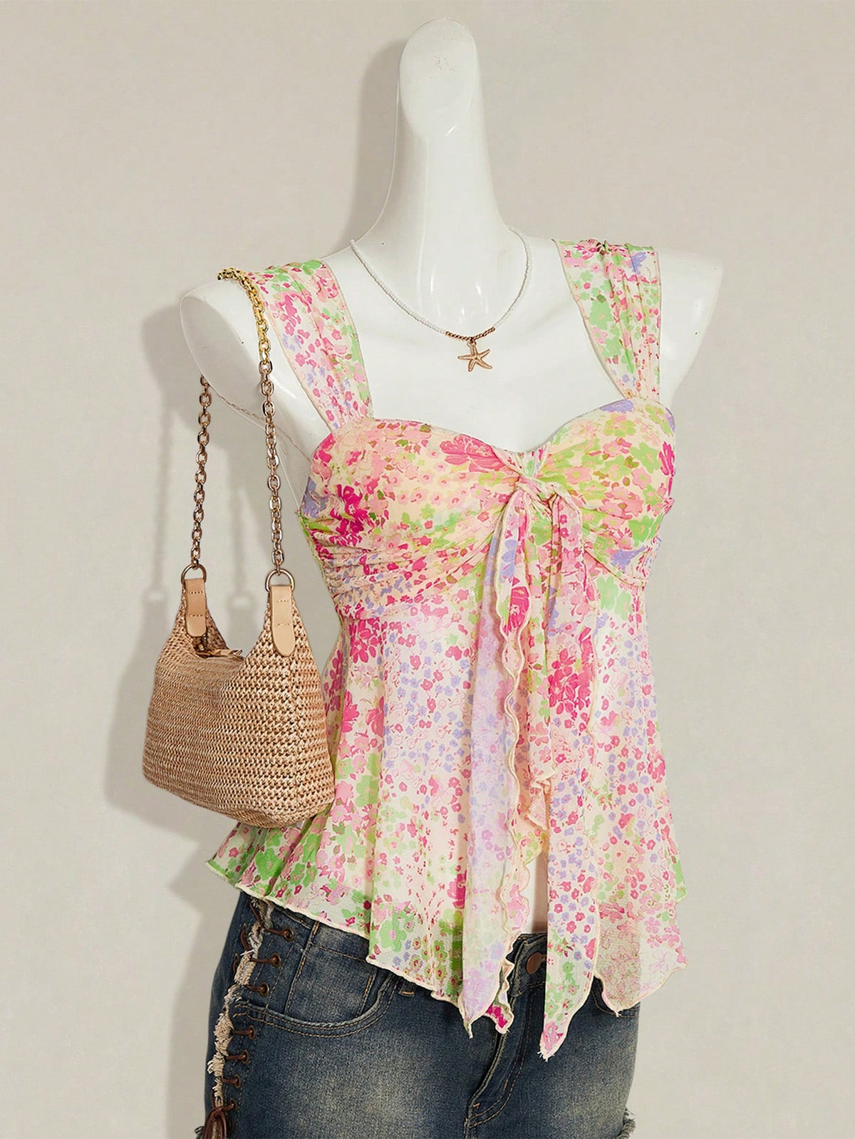 Women's Cherry Print Asymmetrical Hem Cami Top