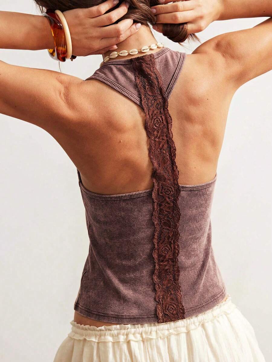 Women's brown knit tank top featuring a V-neck and backless design with knot and twist details.