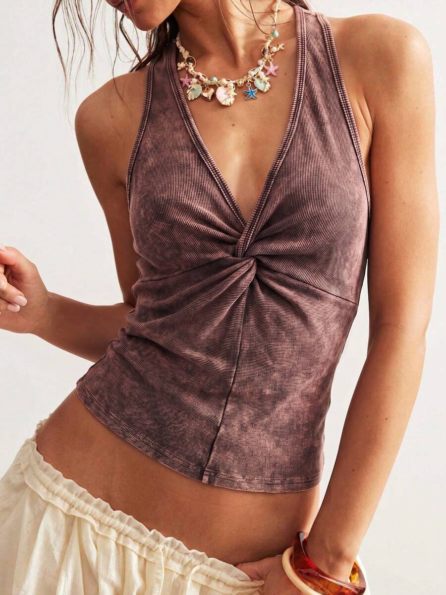 Women's brown knit tank top featuring a V-neck and backless design with knot and twist details.