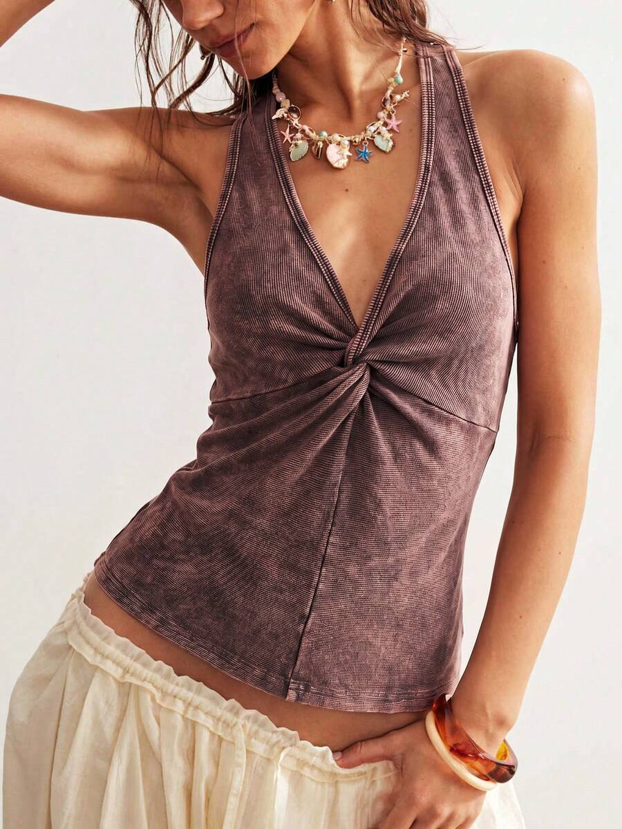 Women's brown knit tank top featuring a V-neck and backless design with knot and twist details.