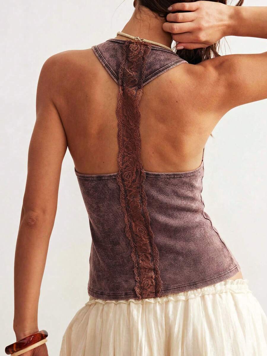Women's brown knit tank top featuring a V-neck and backless design with knot and twist details.