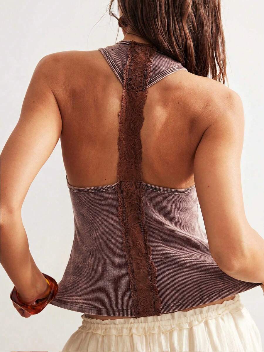 Women's brown knit tank top featuring a V-neck and backless design with knot and twist details.