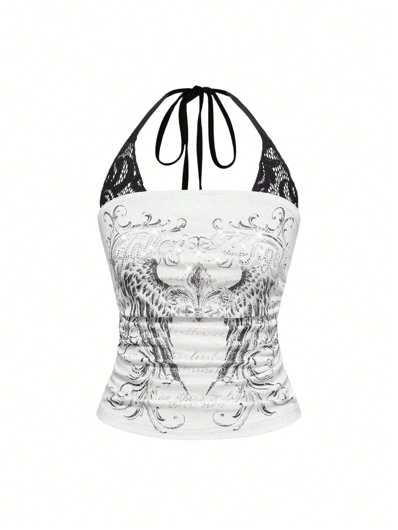 Women's cropped Y2K punk print halter cami top with contrast lace, backless knot detail, and slim fit knitted fabric