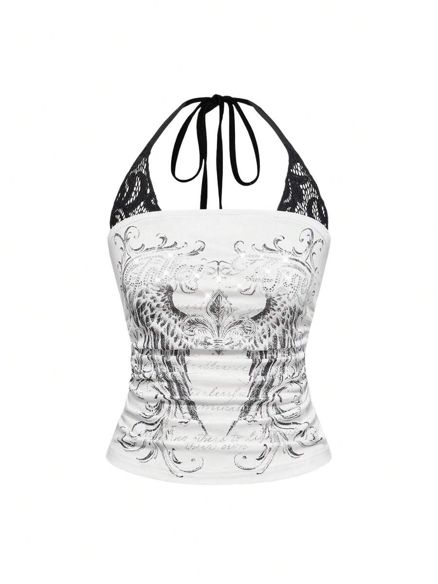 Women's cropped Y2K punk print halter cami top with contrast lace, backless knot detail, and slim fit knitted fabric