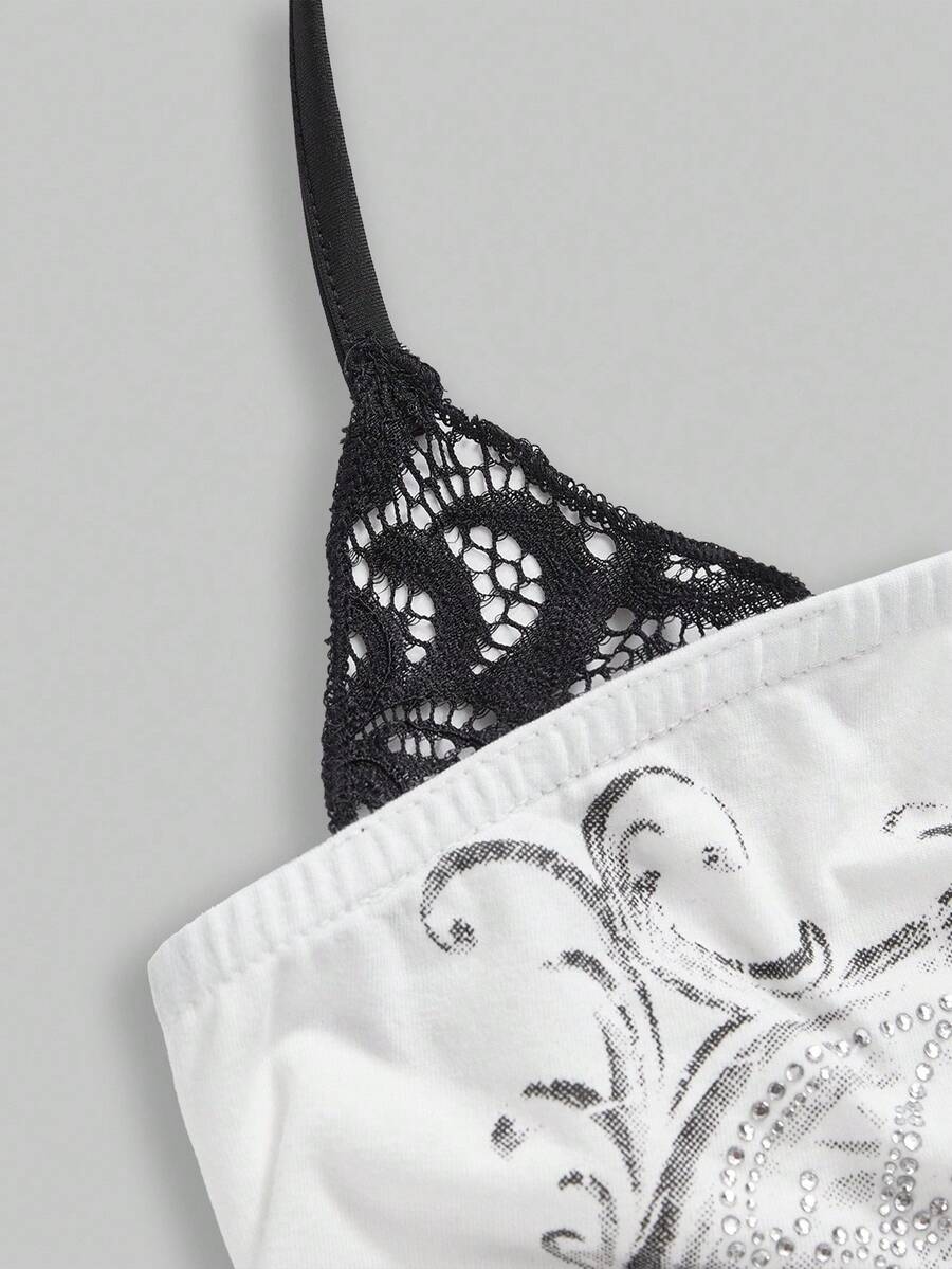 Women's cropped Y2K punk print halter cami top with contrast lace, backless knot detail, and slim fit knitted fabric