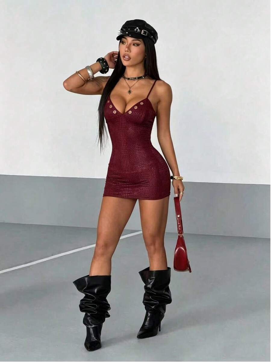 Women's slim fit spaghetti strap mini dress with grommet eyelet decor, backless button detail, natural waist, and pencil hem