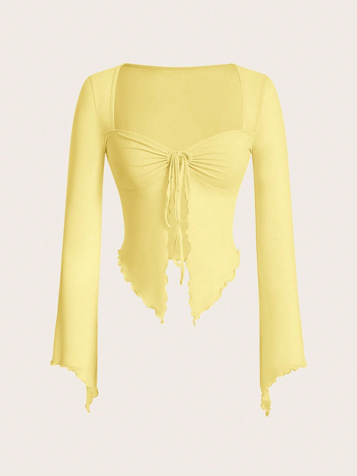 Semi-sheer mesh top featuring a sweetheart neckline with front knot detail, long flare sleeves, lined body, and an asymmetrical hem.