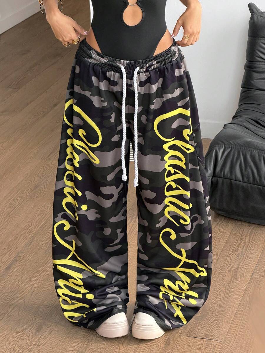 Women's loose wide leg casual pants with drawstring waist in plain black