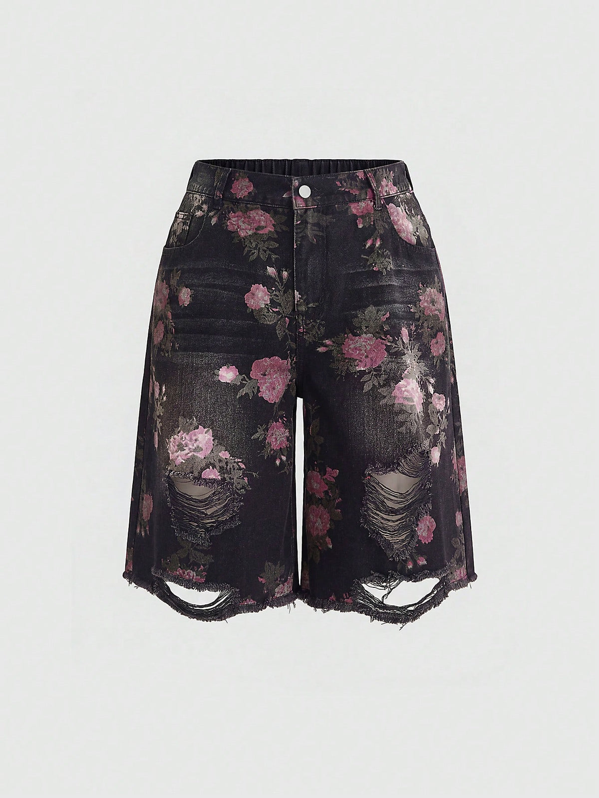 Women's loose wide-leg denim Bermuda shorts featuring vintage animal and paisley print with pockets and zipper fly.