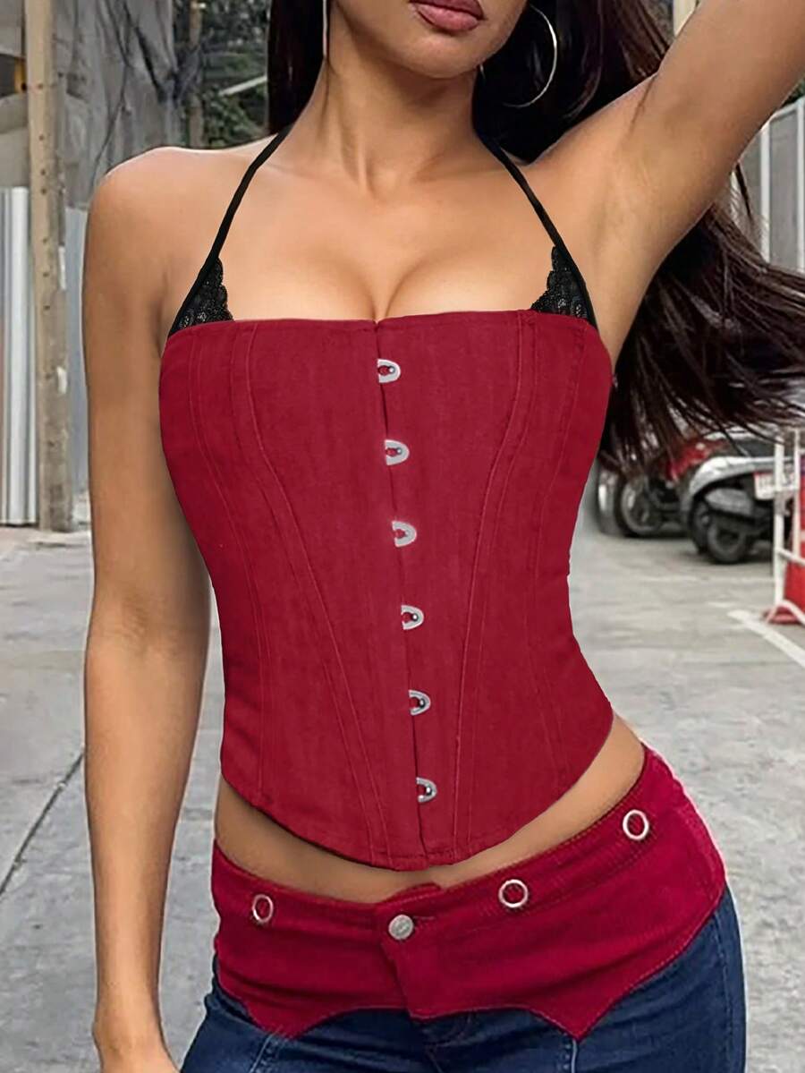 Vintage lace-up halter corset crop top with sleeveless design, slim fit, asymmetrical hem, and colorblock style for party and night-out wear