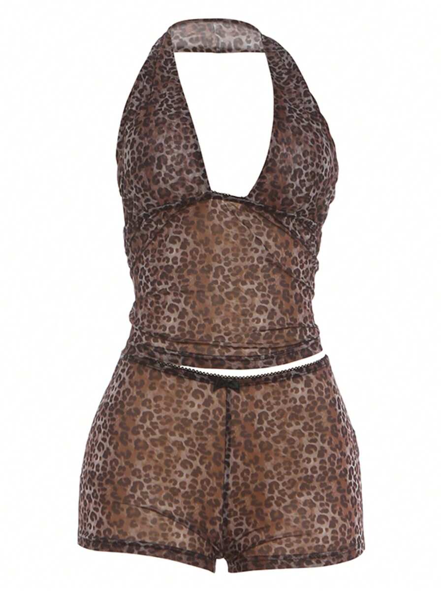 Brown leopard print two-piece outfit with a backless halter camisole top and matching high-stretch semi-sheer shorts.