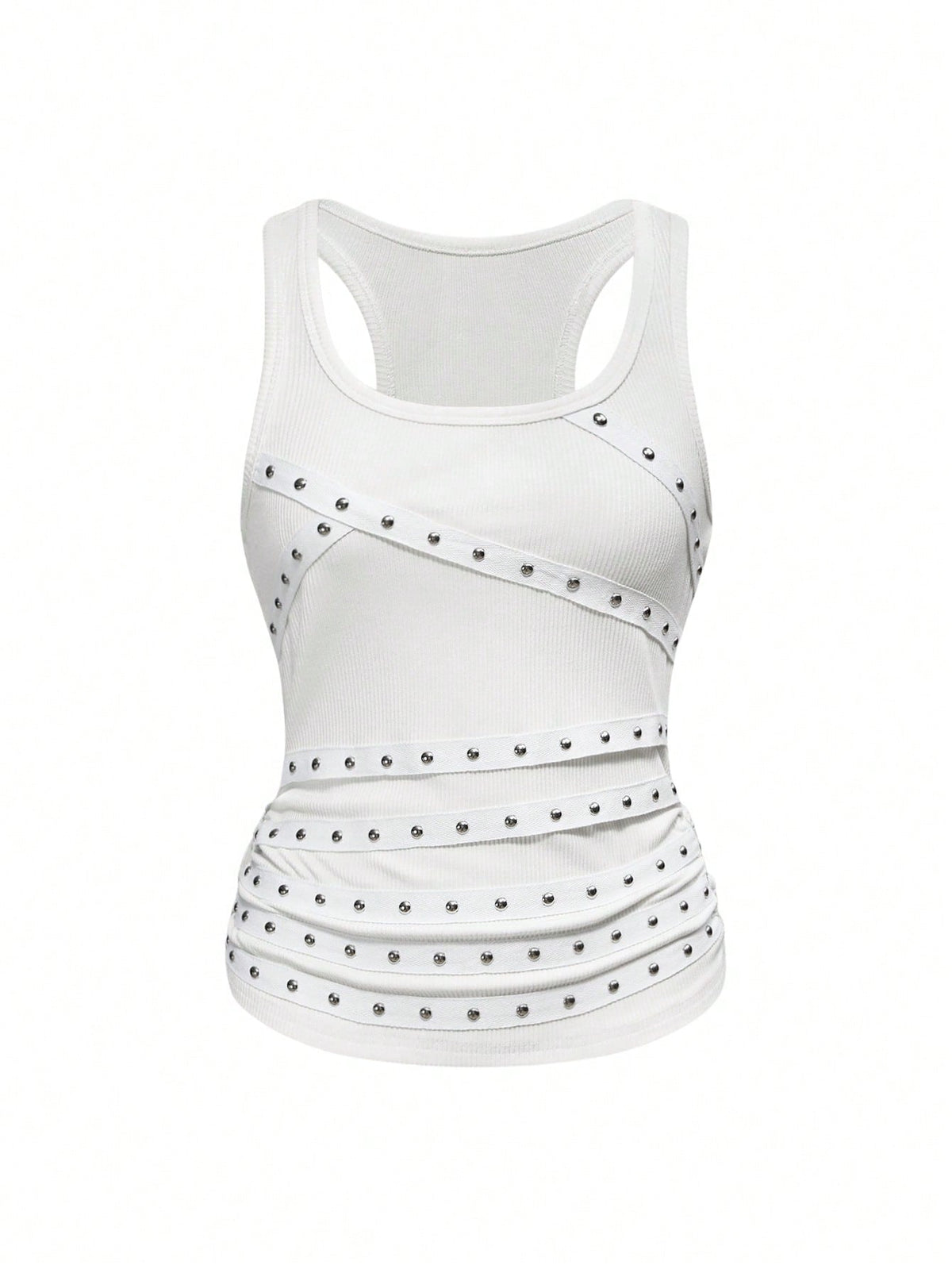 Women's slim fit black tank top featuring a square neckline, ruched styling, and cut out details.