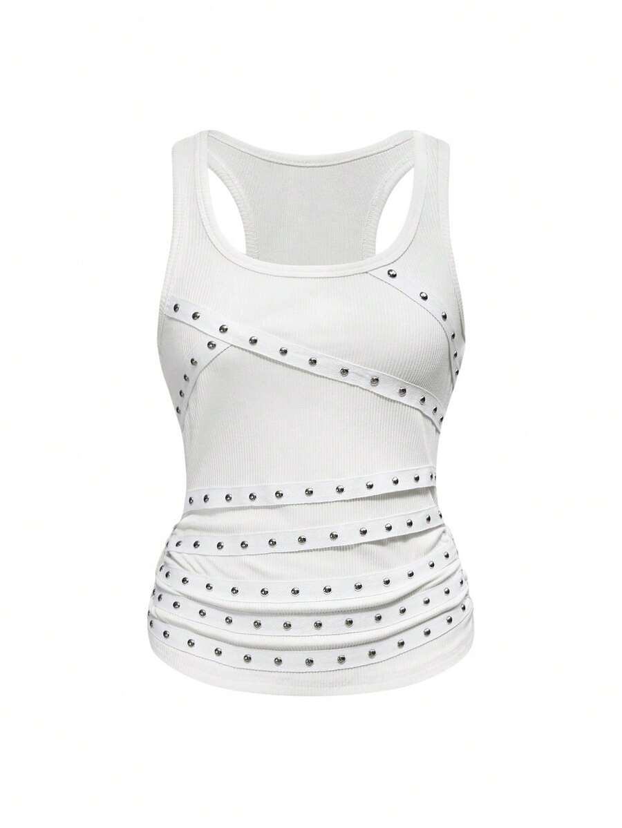Women's slim fit black tank top featuring a square neckline, ruched styling, and cut out details.
