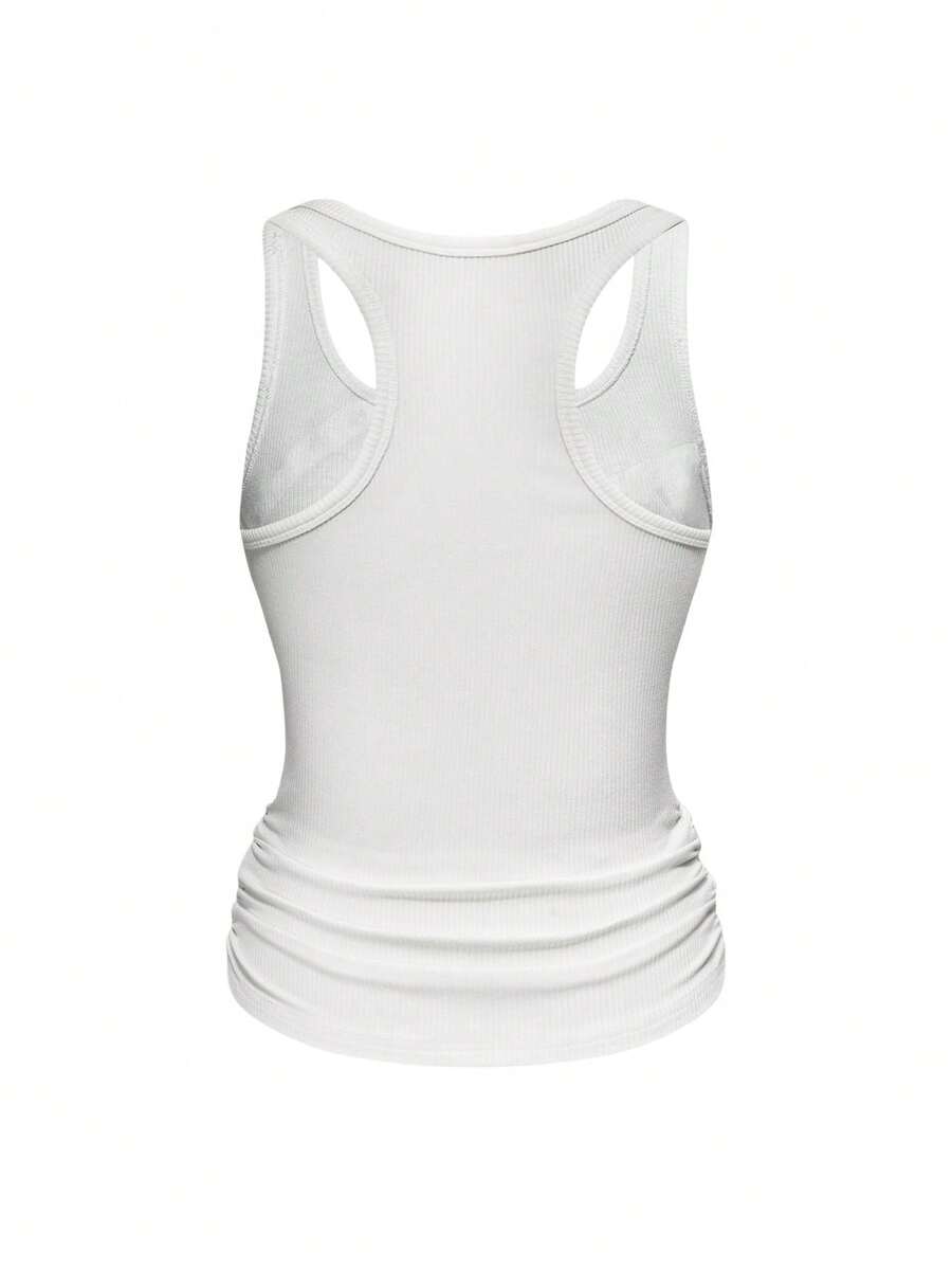Women's slim fit black tank top featuring a square neckline, ruched styling, and cut out details.