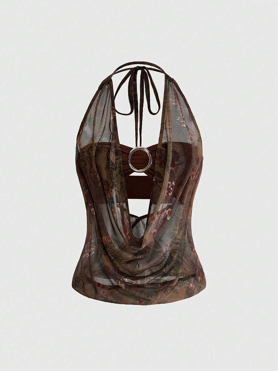Women's Y2K retro crop tank top with draped halter neckline, cut-out detail, slim fit, and backless design