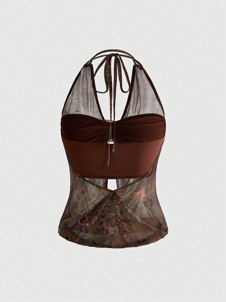 Women's Y2K retro crop tank top with draped halter neckline, cut-out detail, slim fit, and backless design