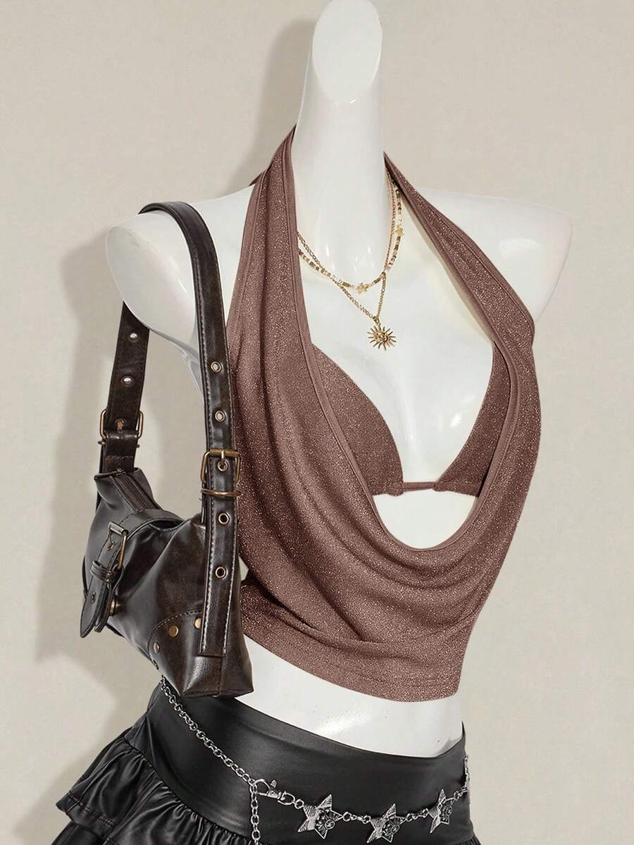 Women's glitter halter backless micro crop tank top featuring a draped knot front design.