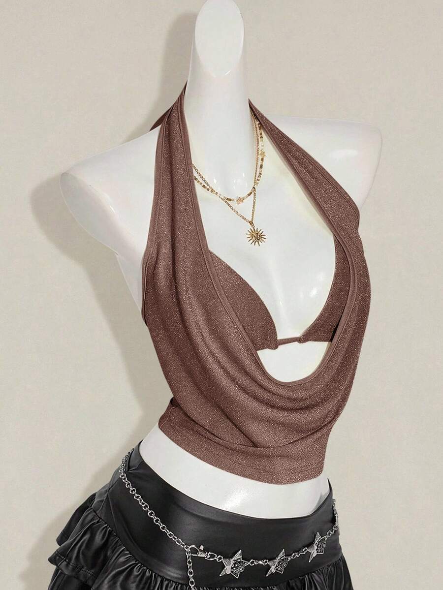 Women's glitter halter backless micro crop tank top featuring a draped knot front design.
