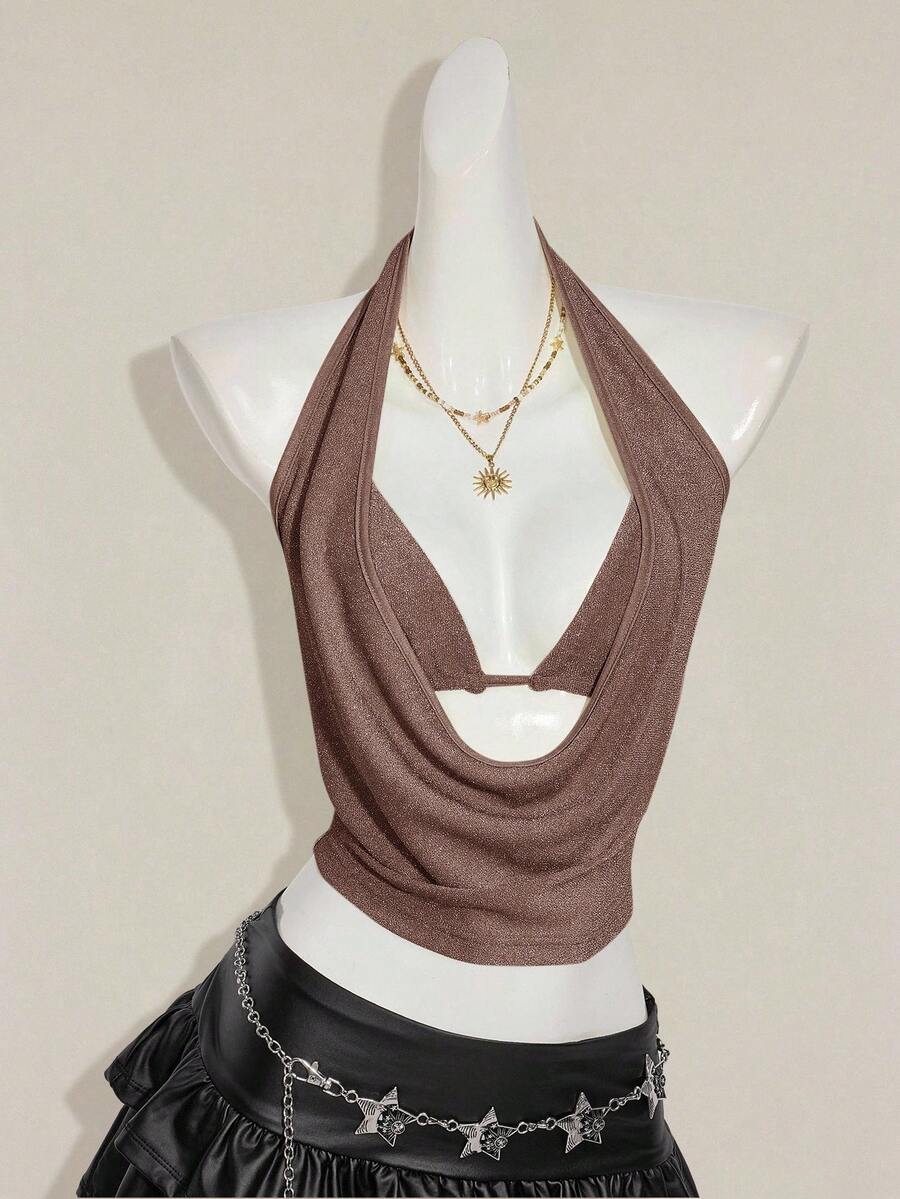 Women's glitter halter backless micro crop tank top featuring a draped knot front design.