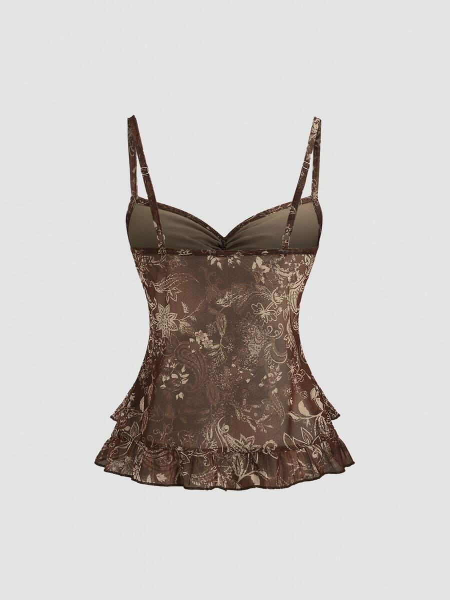 Women's vintage printed mesh ruffle strap camisole top in Army Green featuring cold shoulder style, spaghetti straps, jacquard pattern detail, and a slim crop fit.
