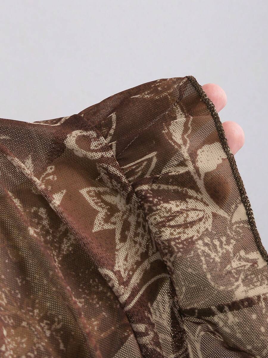 Women's vintage printed mesh ruffle strap camisole top in Army Green featuring cold shoulder style, spaghetti straps, jacquard pattern detail, and a slim crop fit.