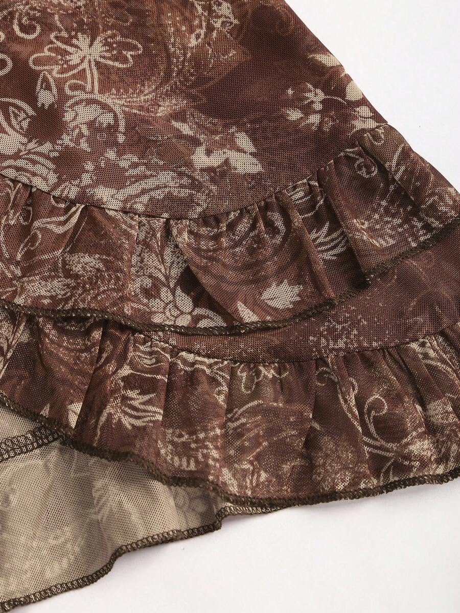 Women's vintage printed mesh ruffle strap camisole top in Army Green featuring cold shoulder style, spaghetti straps, jacquard pattern detail, and a slim crop fit.