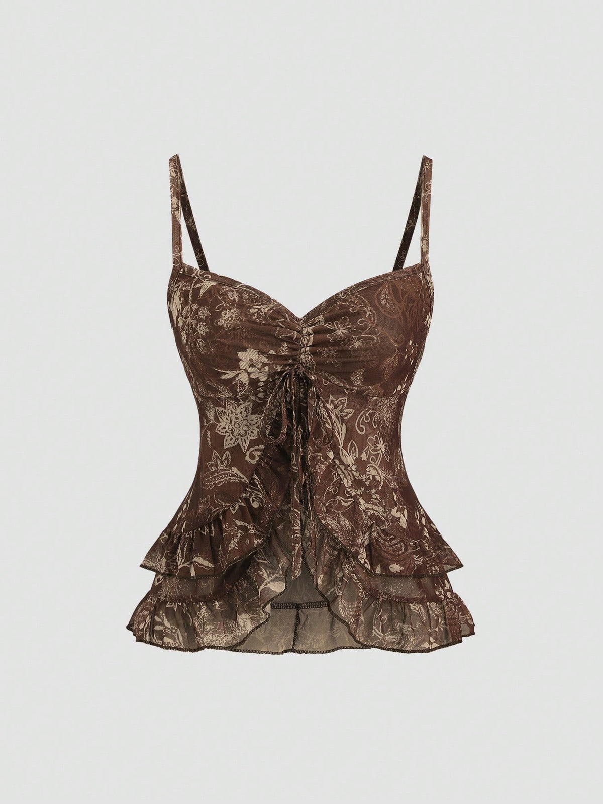 Women's vintage printed mesh ruffle strap camisole top in Army Green featuring cold shoulder style, spaghetti straps, jacquard pattern detail, and a slim crop fit.