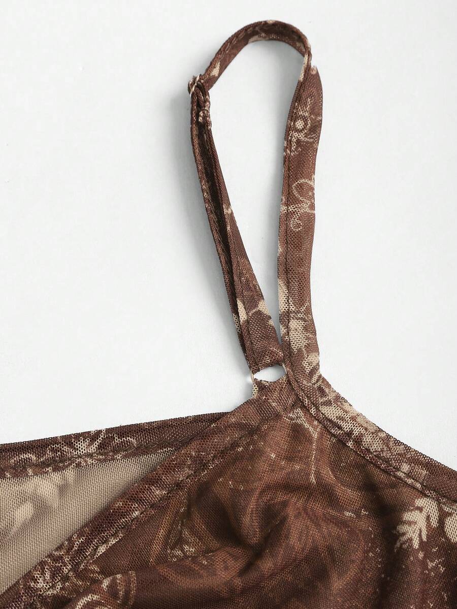 Women's vintage printed mesh ruffle strap camisole top in Army Green featuring cold shoulder style, spaghetti straps, jacquard pattern detail, and a slim crop fit.