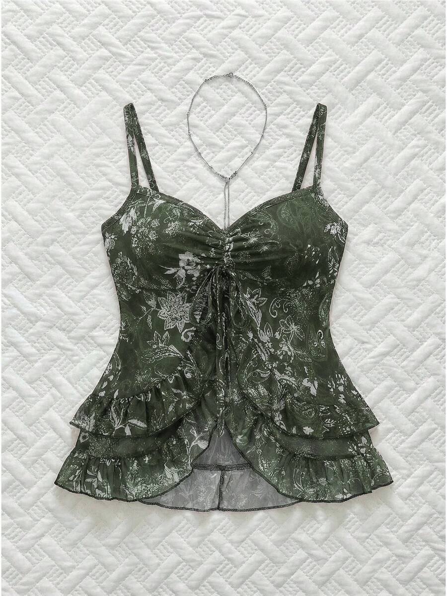 Women's vintage printed mesh ruffle strap camisole top in Army Green featuring cold shoulder style, spaghetti straps, jacquard pattern detail, and a slim crop fit.