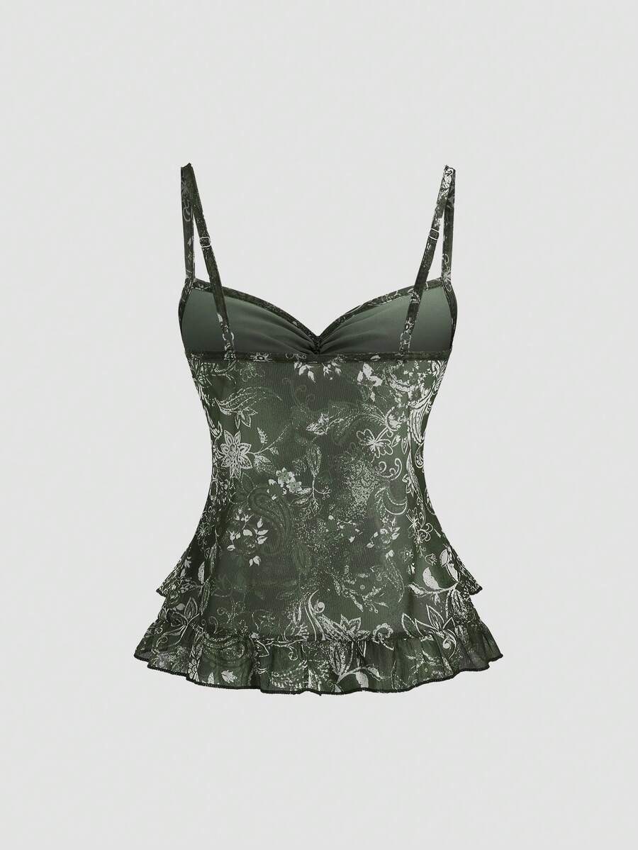 Women's vintage printed mesh ruffle strap camisole top in Army Green featuring cold shoulder style, spaghetti straps, jacquard pattern detail, and a slim crop fit.