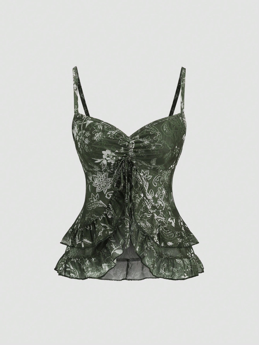 Women's vintage printed mesh ruffle strap camisole top in Army Green featuring cold shoulder style, spaghetti straps, jacquard pattern detail, and a slim crop fit.