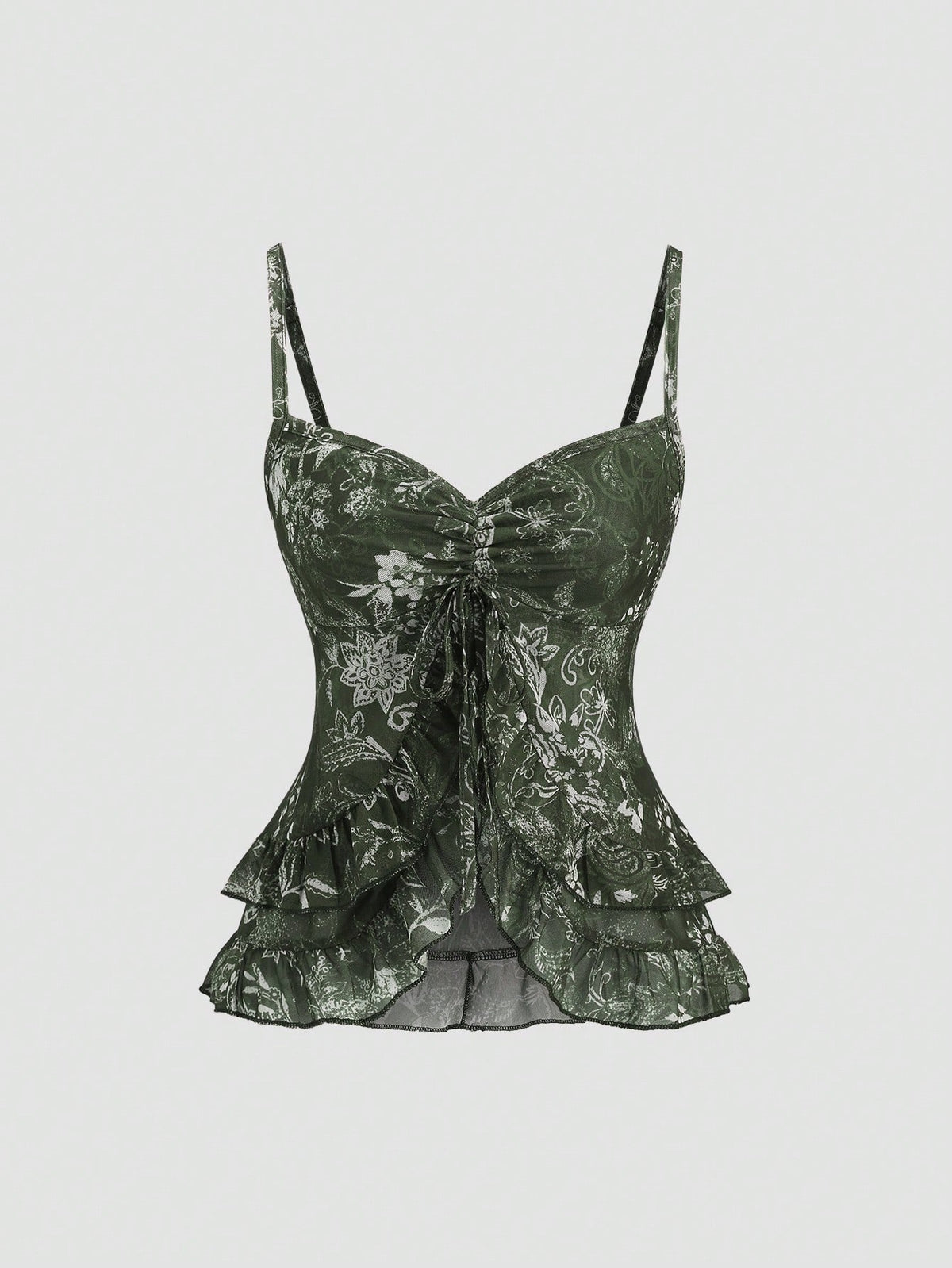 Women's vintage printed mesh ruffle strap camisole top in Army Green featuring cold shoulder style, spaghetti straps, jacquard pattern detail, and a slim crop fit.