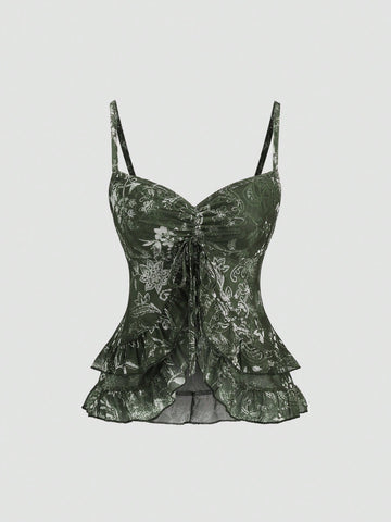 Women's vintage printed mesh ruffle strap camisole top in Army Green featuring cold shoulder style, spaghetti straps, jacquard pattern detail, and a slim crop fit.