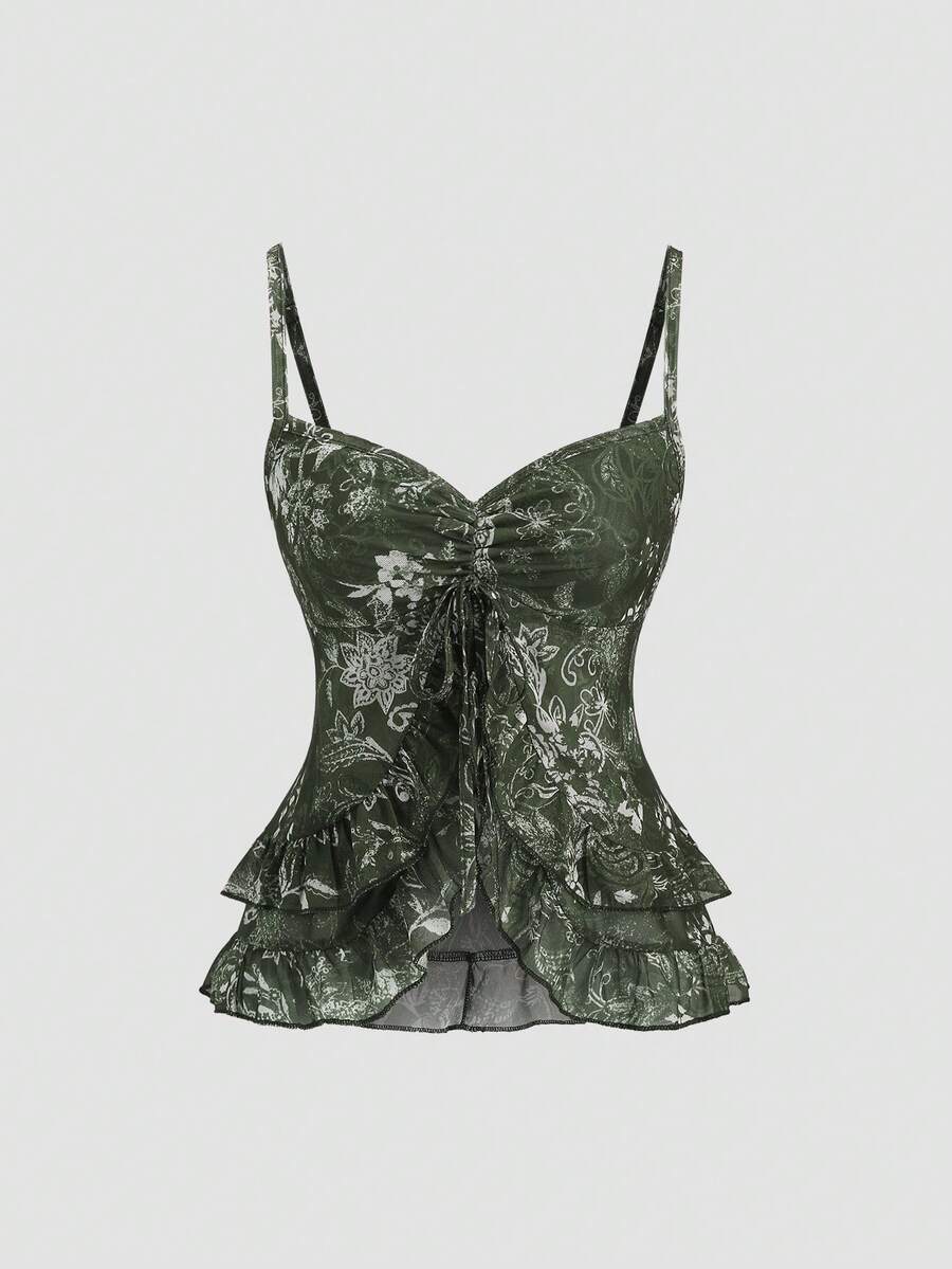 Women's vintage printed mesh ruffle strap camisole top in Army Green featuring cold shoulder style, spaghetti straps, jacquard pattern detail, and a slim crop fit.