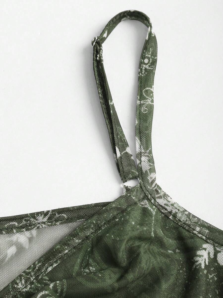 Women's vintage printed mesh ruffle strap camisole top in Army Green featuring cold shoulder style, spaghetti straps, jacquard pattern detail, and a slim crop fit.