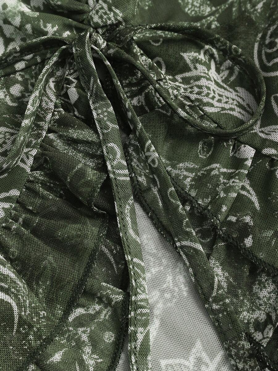 Women's vintage printed mesh ruffle strap camisole top in Army Green featuring cold shoulder style, spaghetti straps, jacquard pattern detail, and a slim crop fit.