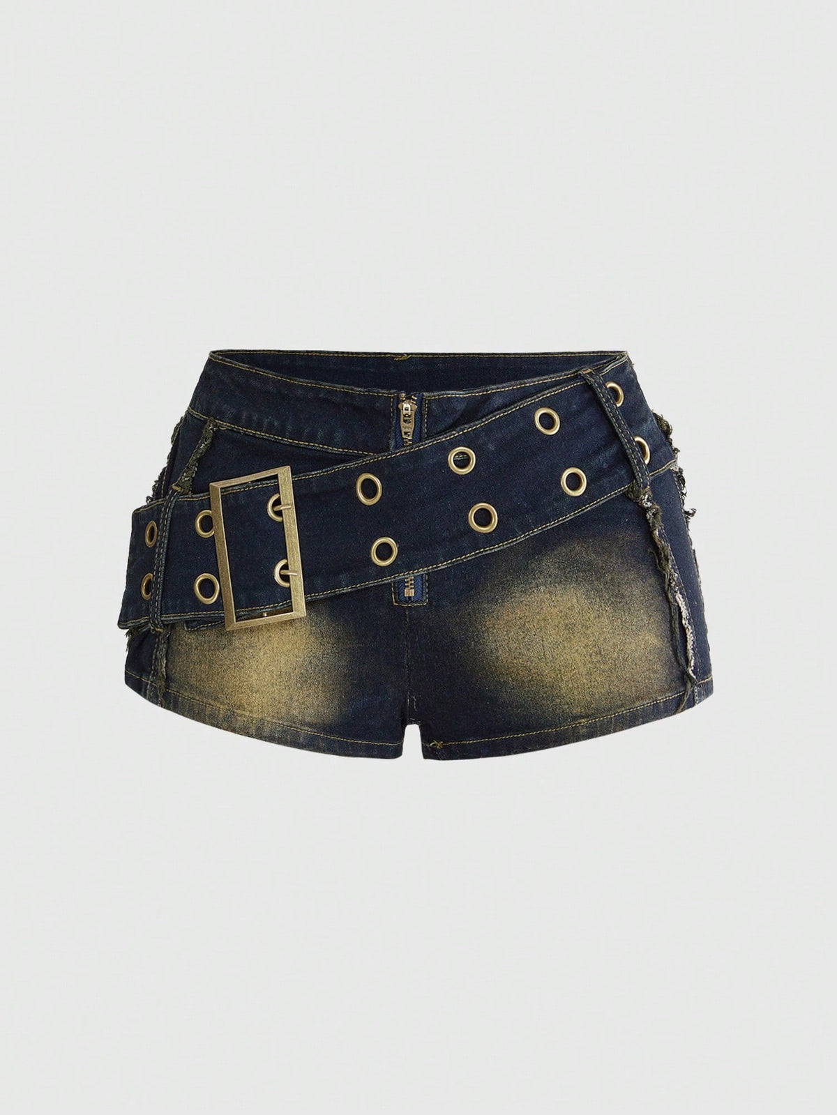 Black grunge punk low-waist mini shorts with studded details and zipper fly closure