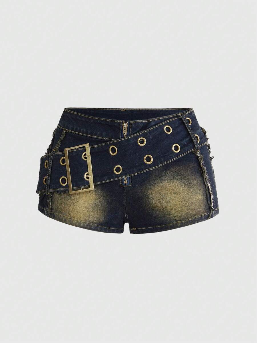 Black grunge punk low-waist mini shorts with studded details and zipper fly closure