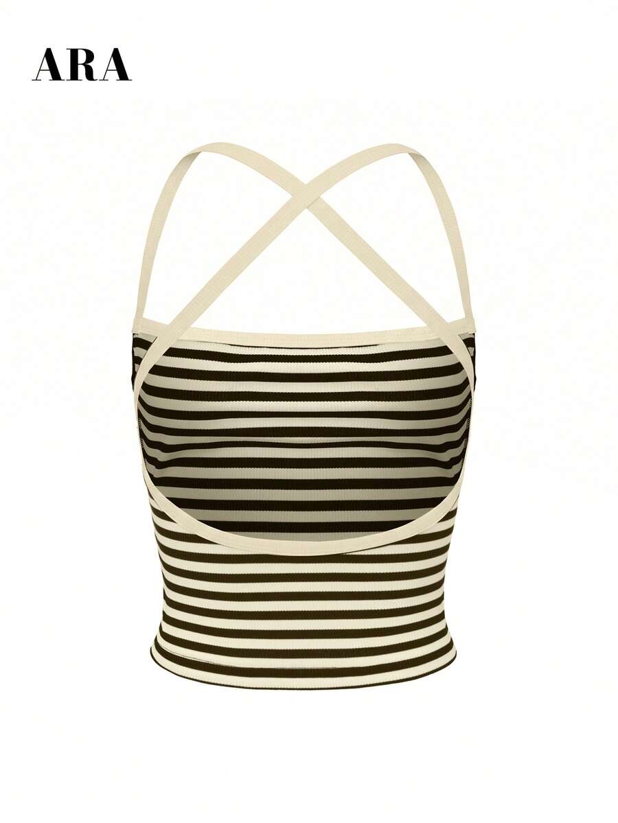 Women's striped crisscross spaghetti strap camisole top in a slim fit design