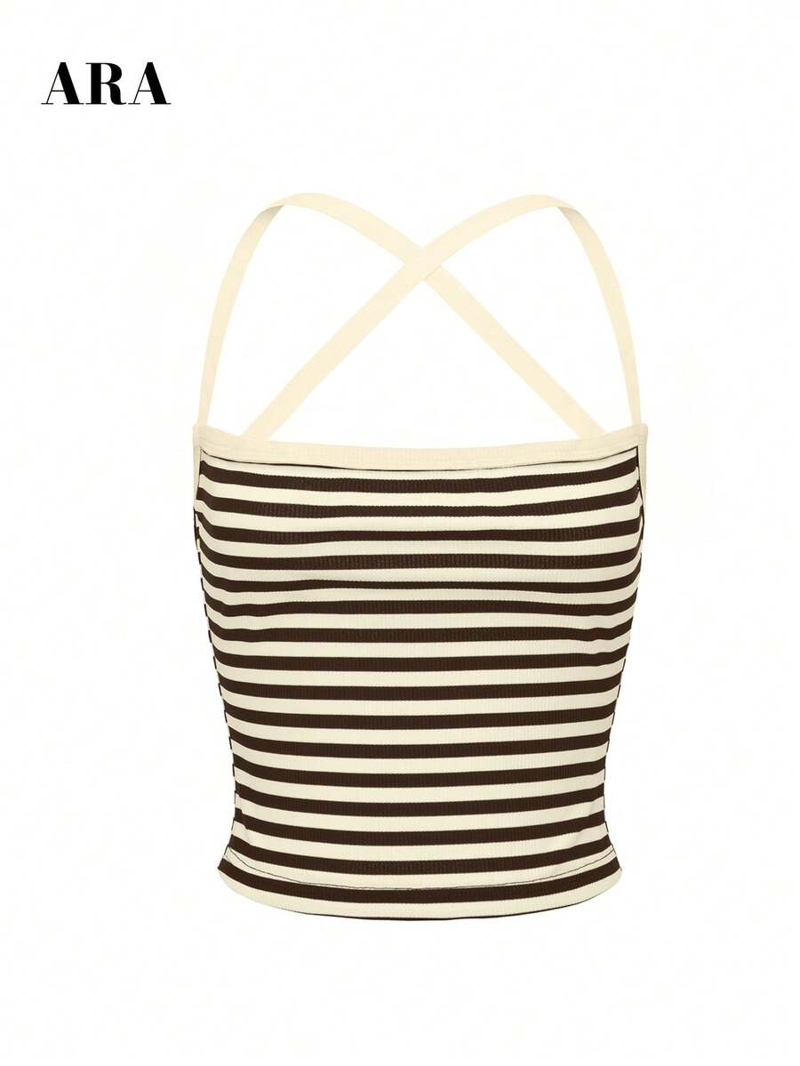 Women's striped crisscross spaghetti strap camisole top in a slim fit design