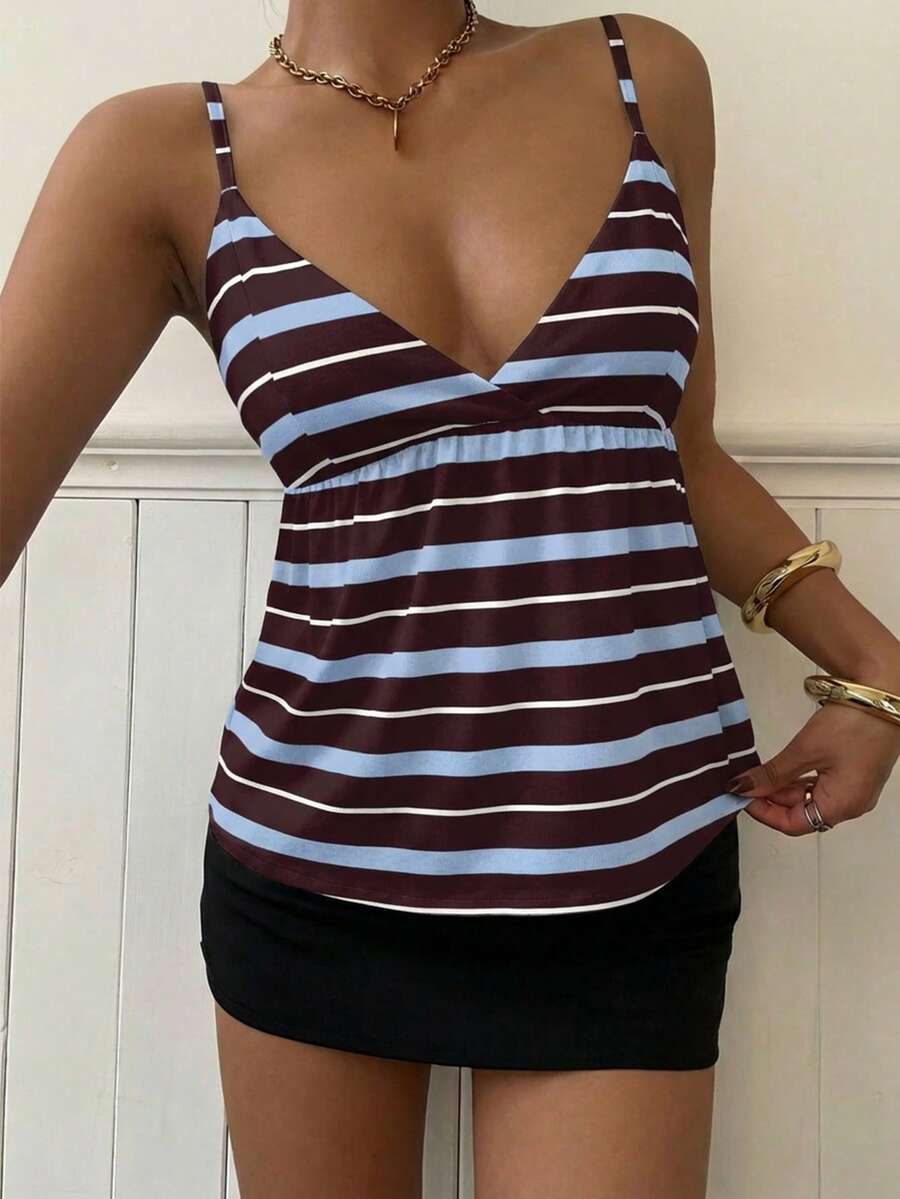 Women's casual geometric cami top with spaghetti straps, backless wrap styling, button front, and asymmetrical hem.