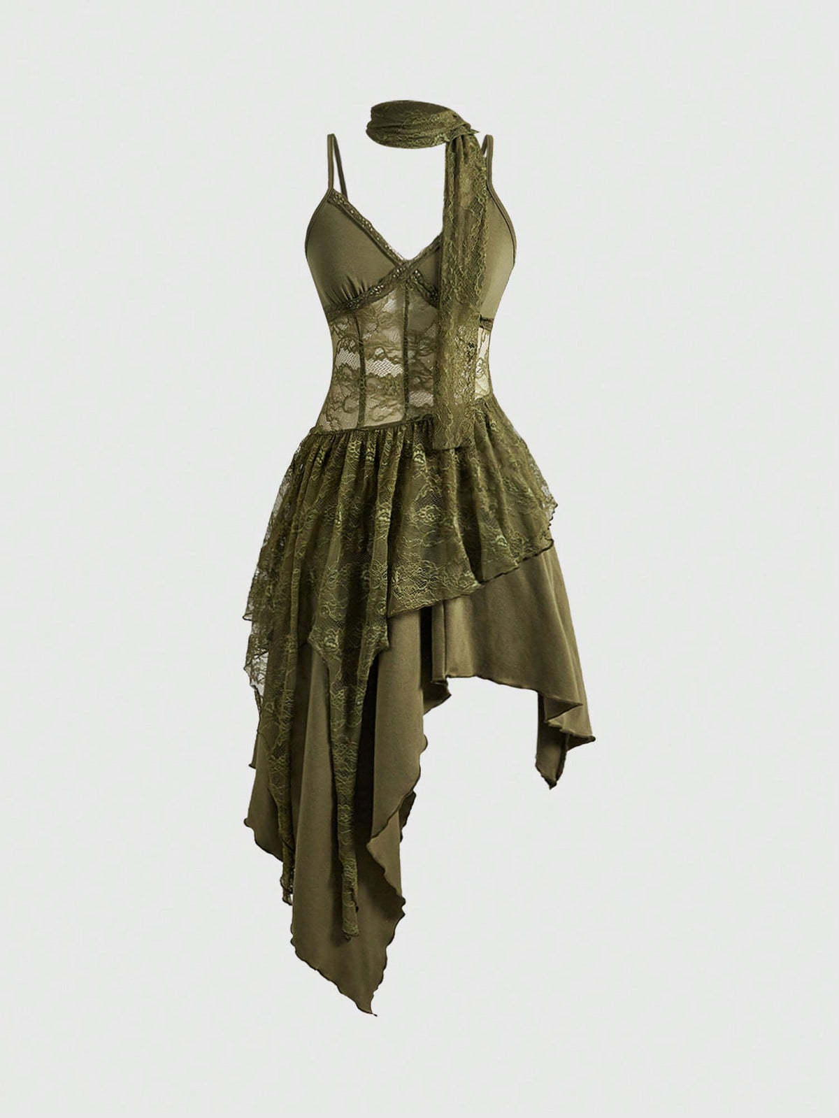 Lace patchwork asymmetrical hem layered midi dress for women featuring cami straps and slim fit high waist.