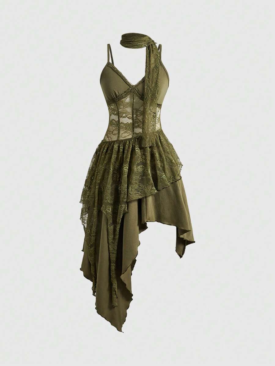 Lace patchwork asymmetrical hem layered midi dress for women featuring cami straps and slim fit high waist.