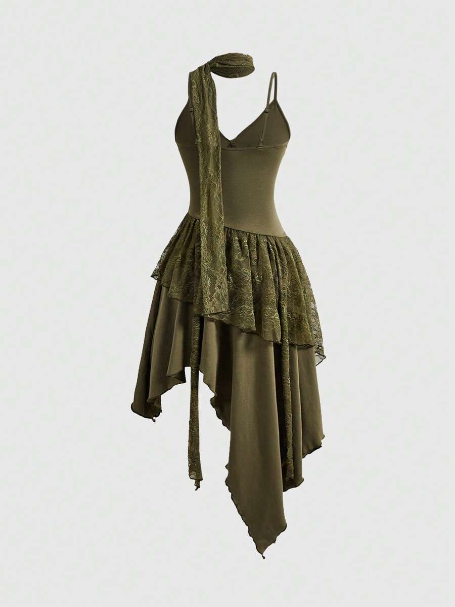 Lace patchwork asymmetrical hem layered midi dress for women featuring cami straps and slim fit high waist.