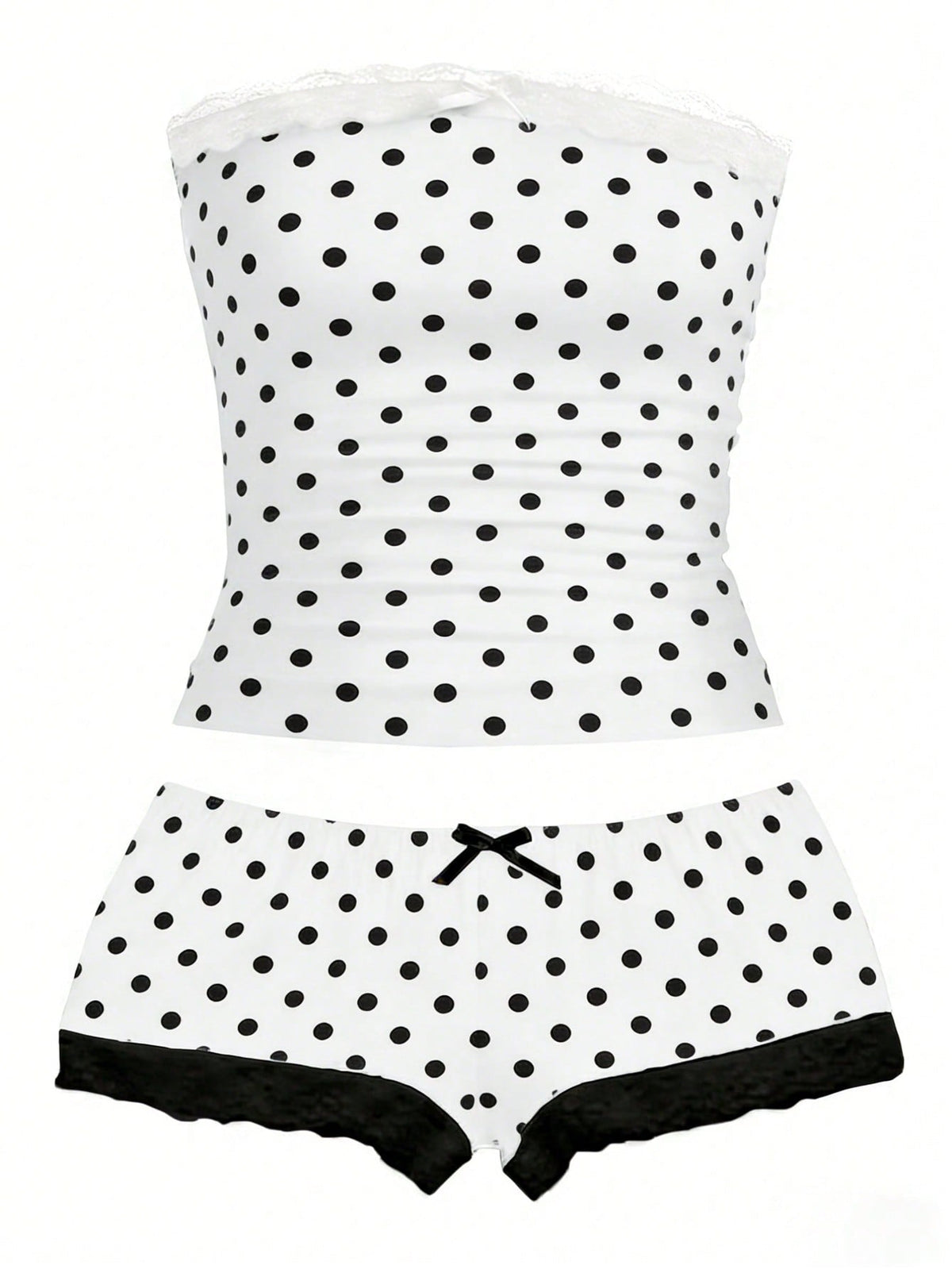 Women's contrast lace strapless camisole and shorts two-piece outfit with ruffle detail and slim fit styling