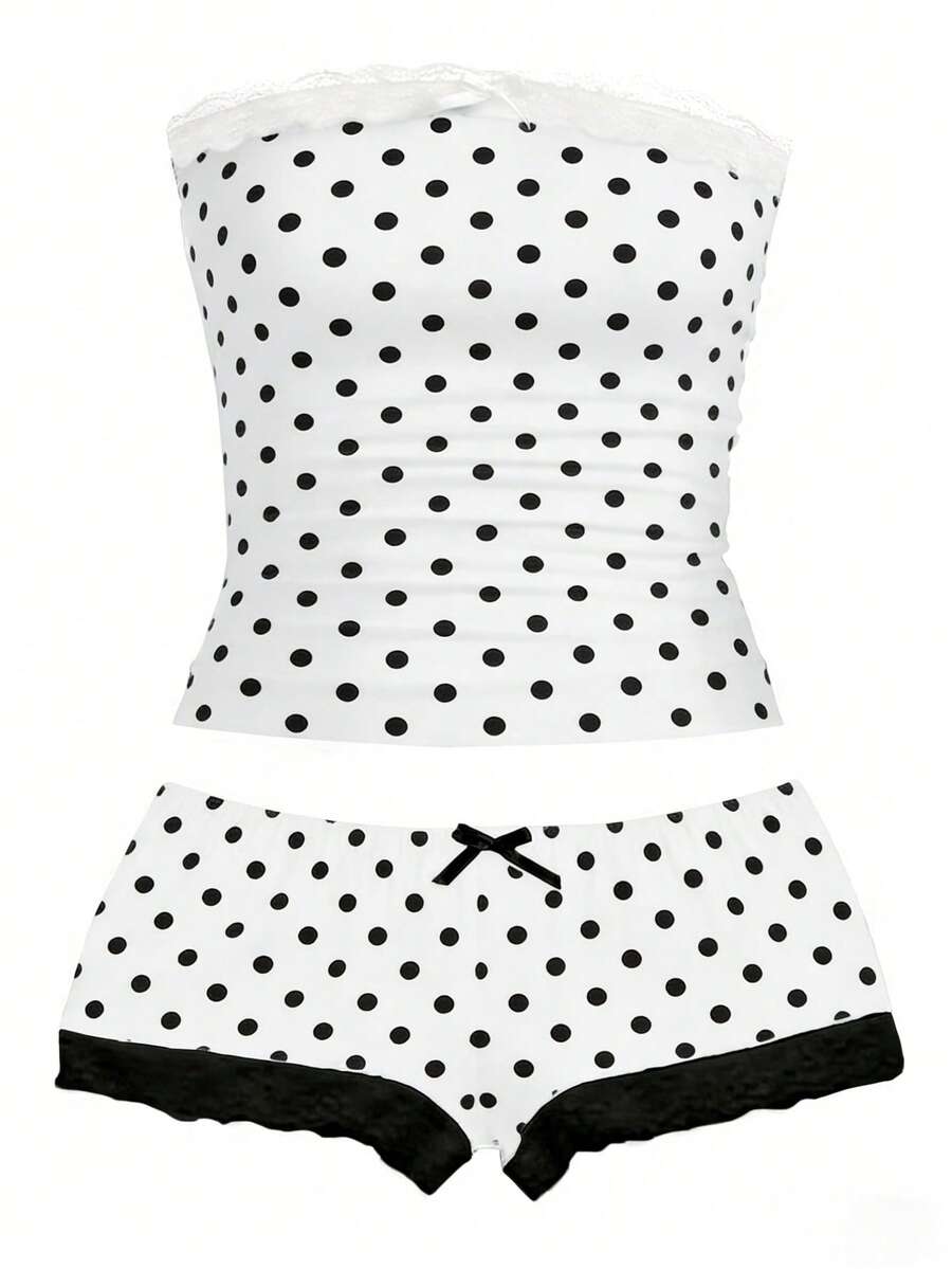 Women's contrast lace strapless camisole and shorts two-piece outfit with ruffle detail and slim fit styling