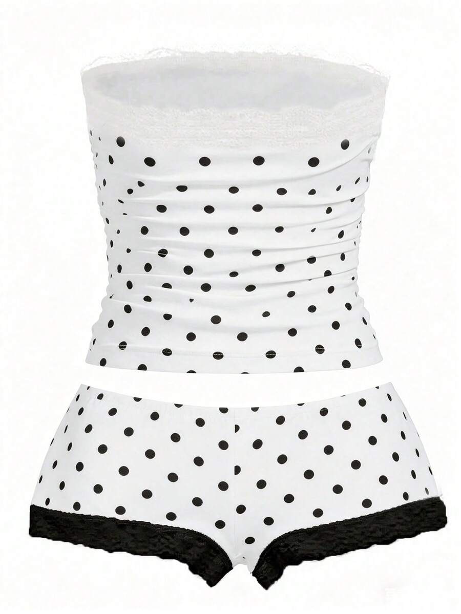 Women's contrast lace strapless camisole and shorts two-piece outfit with ruffle detail and slim fit styling